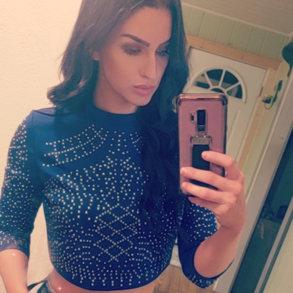 Blush Tops - Studded Long Sleeve Blue Crop Top